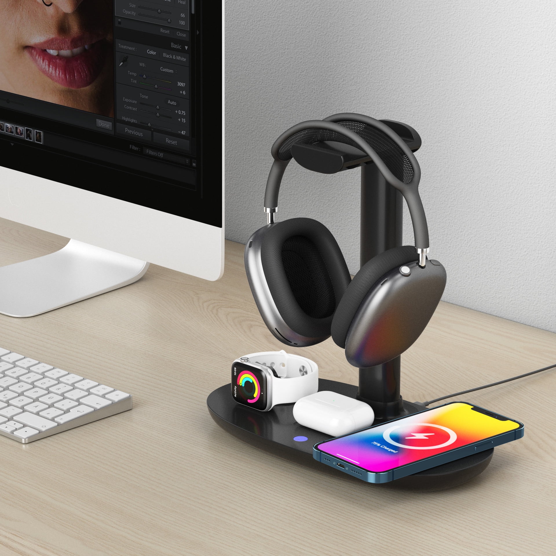 4-in-1 Wireless Charger for AirPods Max, Phone, Smartwatch & Earbuds – Compact & Portable, white