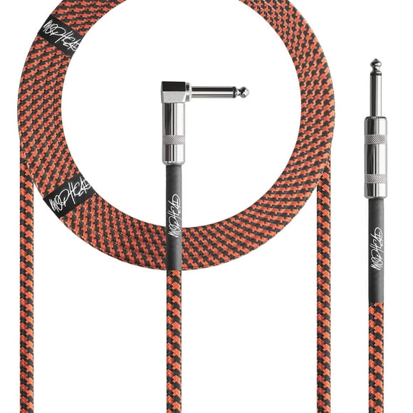 Mophead 15-Foot Guitar Instrument Cable - 1/4 Inch TS to 1/4 Inch TS Right Angle Pro Grade Double Insulated Tweed Braided for Electric Guitar, Bass, Amp, Keyboard (Black and Red)