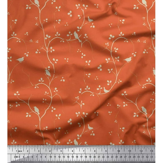 Soimoi polyester Crepe Fabric Branches,Leaves & Bird Printed Fabric 1 Yard 52 Inch Wide