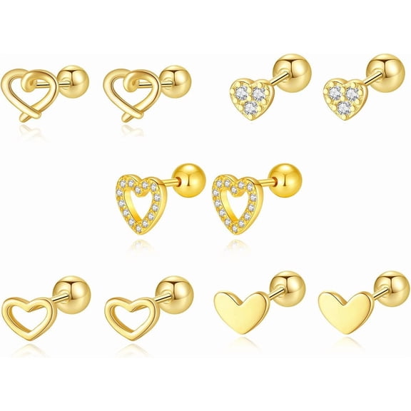 5 Pairs Tiny CZ Heart Stud Earrings for Women Silver Gold-Toned Screw Back Cartilage Studs Love Hearted Earring Tragus Pierced Ear Wedding Jewelry