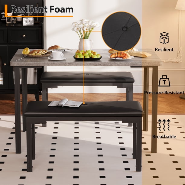 Juego de Mesa de Comedor de 3 Piezas, Juego de Mesa de Comedor Estilo Farmhouse para 4, Mesa de Cocina con 2 Sillas Tipo Banco Tapizadas, Mesa y Sillas de Cocina para Espacio Pequeño, Cocina, Comedor