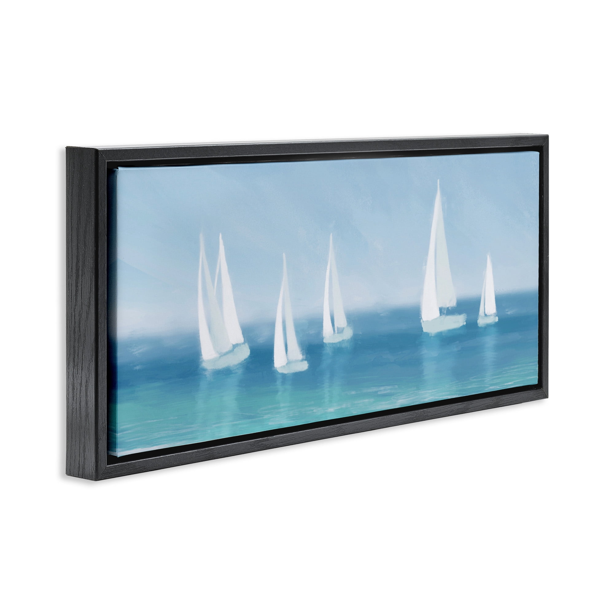 Stupell Industries White Sail Boats Across Coast Nature Painting Black Floater Framed Canvas Art Print Wall Art, 31 x 14