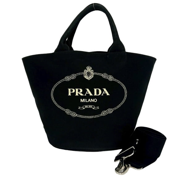 Pre-Owned PRADA Canapa Logo Canvas 2-Way Tote Bag, Shoulder Handbag, Bucket Tote, Black, 10923