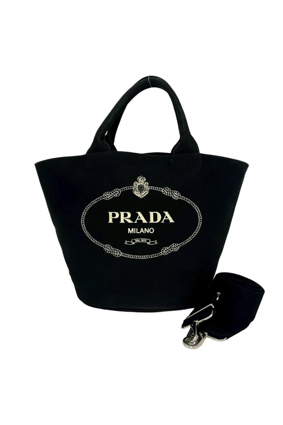 Pre-Owned PRADA Canapa Logo Canvas 2-Way Tote Bag, Shoulder Handbag, Bucket Tote, Black, 10923