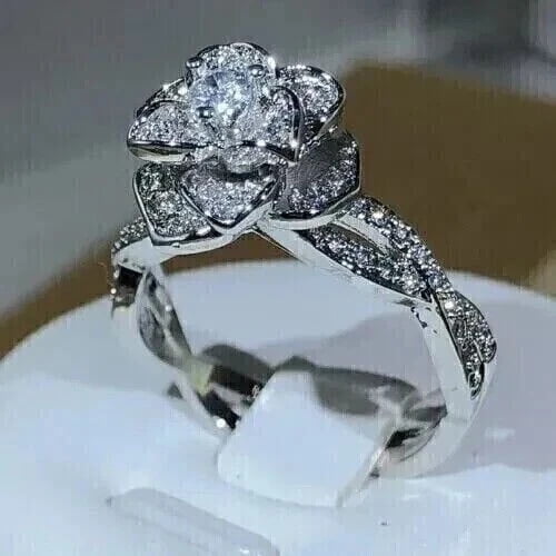 14K White Gold Plated 2.20 Ct Round Cut White Moissanite Flower Engagement Ring