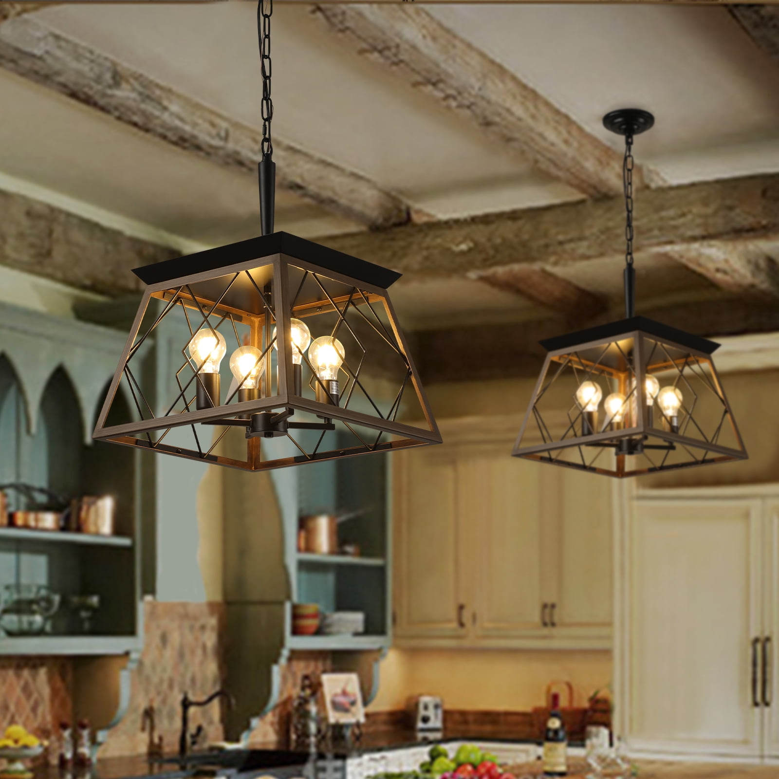4-Light Farmhouse Vintage Chandelier, Rustic Pendant Light, with Faux Wood Finish, Adjustable Chain Industrial Fixture for Dining Room, Foyer, Kitchen Island, Walnut E26 Base
