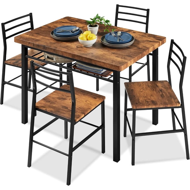 Songqin 5-Piece Modern Dining Set W/Steel Frame, Space Saving Rectangular Kitchen Table W/ 4 Matching Chairs & Storage Rack for Apartments, Kitchens & Dining Rooms - Medium Brown/Black