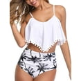 thumbnail image 1 of Women High Waisted Bikini Ruffle Swimsuit Flounce Pom Pom Trim Two Piece Bathing Suit White With Leaves (XL, 1 of 6