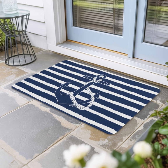 Navy Blue Anchor Nautical Door Mat Indoor Outdoor, Navy Blue Striped Farmhouse Non Slip Welcome Mat with Rubber Backing, Absorbent Fabric Front Door Mats Entryway Rug for Home Patio Entrance 18"x30"