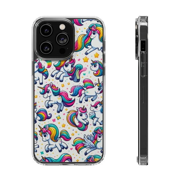 DistinctInk Hybrid (Acrylic / TPU) Clear Slim Fit Case for Apple iPhone 14 Pro (6.1" Screen) - "Enchanting Stream of Playful Unicorns"