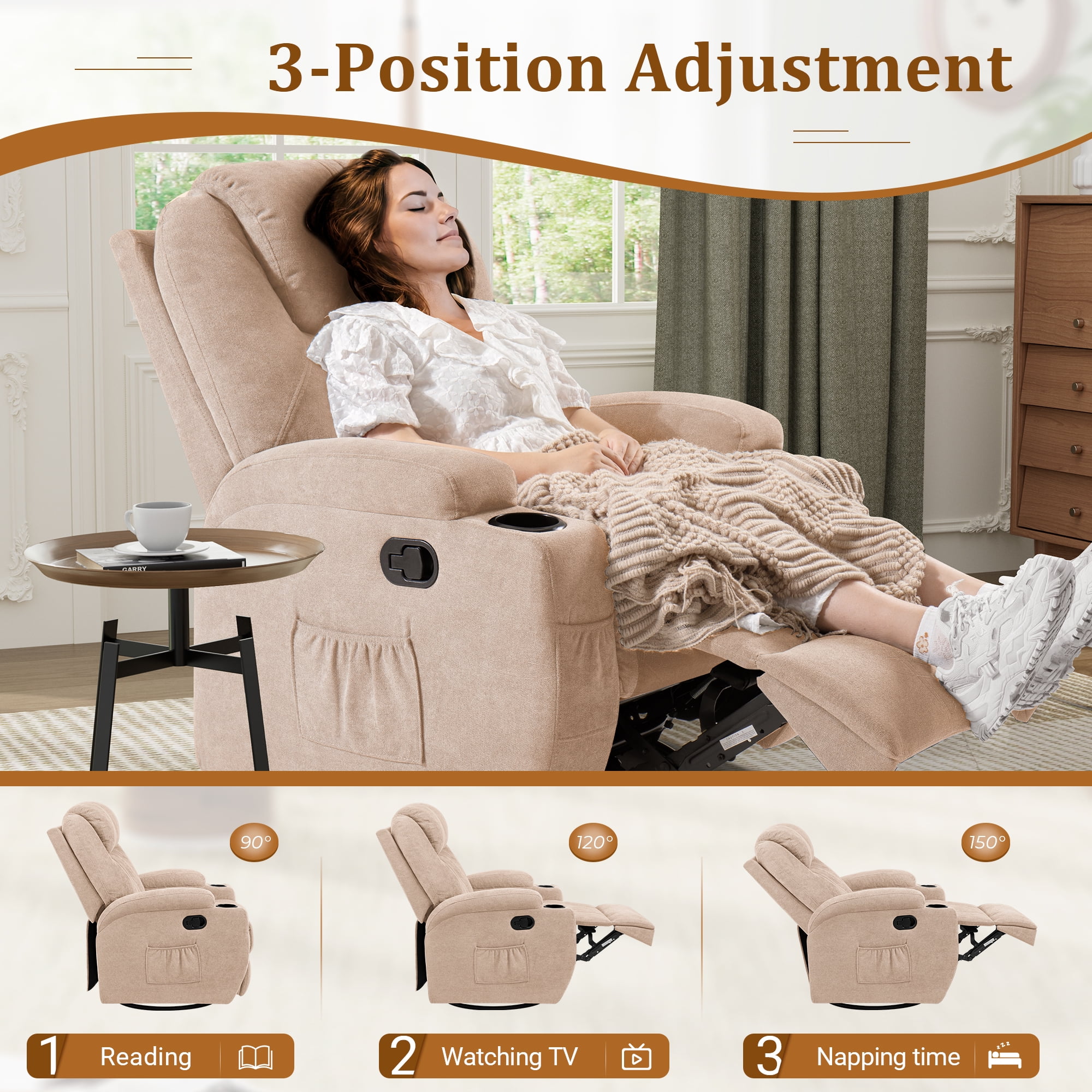 Vineego Fabric 360° Rotation Recliner with Heat & Vibration,Beige