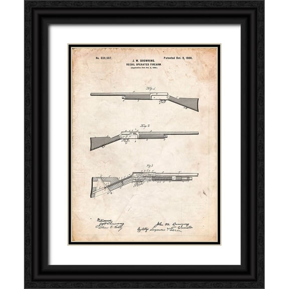 Borders, Cole 12x14 Black Ornate Wood Framed with Double Matting Museum Art Print Titled - PP754-Vintage Parchment Browning Auto 5 Shotgun 1900 Patent Poster