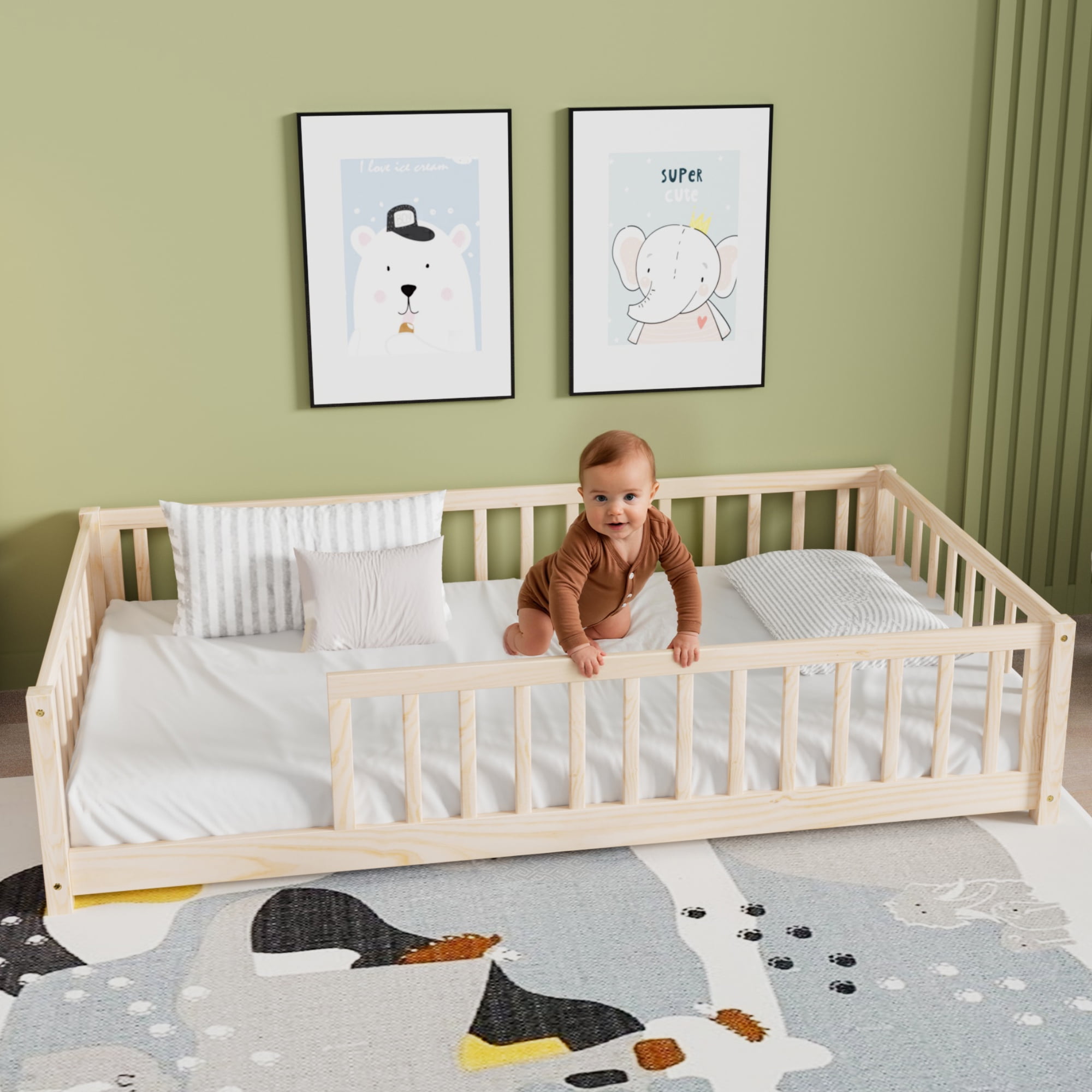 ARCTICSCORPION Montessori Kids Twin Size Modern Pinewood Floor bed with Fence, Natural