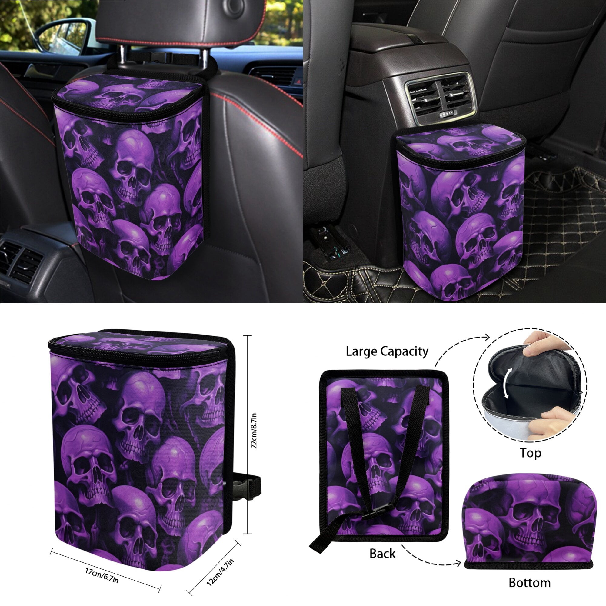 LedBack Skull Print Car Seat Covers Full Set 15Pcs Car Accessories Set Includes Front and Rear Split Bench Seat Cover Steering Wheel Cover Safety Belt Pads Rear View Mirror Protector