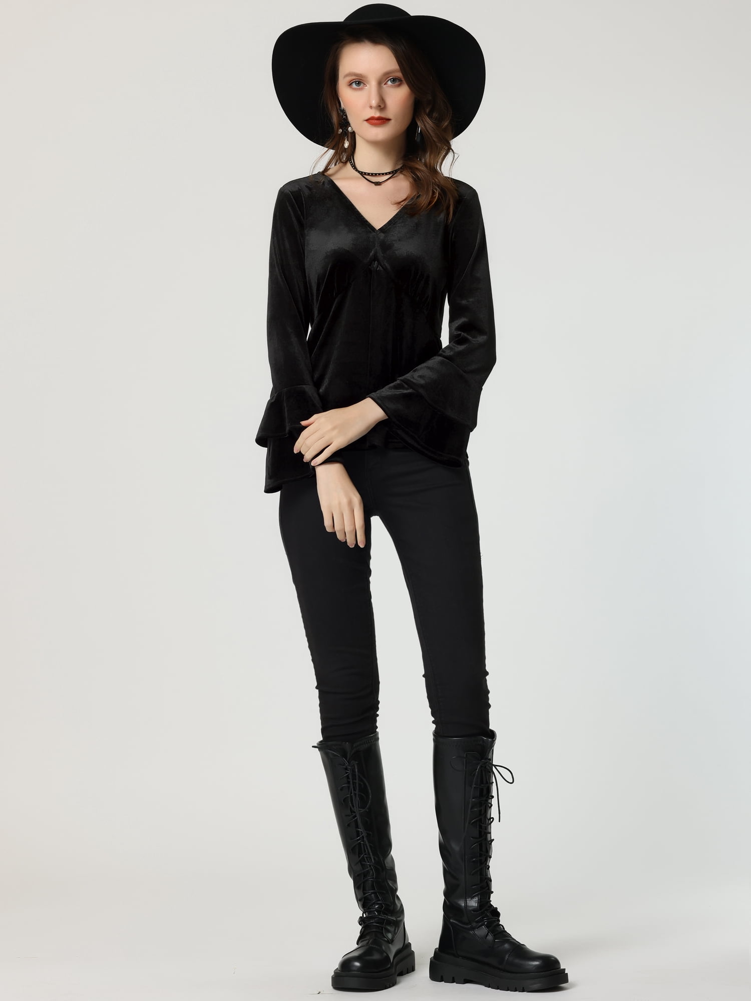 DARING DIVA Women's V Neck Velvet Blouse Flare Casual Top XL Black