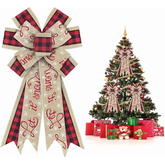 Hsomely Large Burlap Wreath Bow, Red Black Buffalo Plaid Let It Snow Bow, Tree Topper for Indoor Outdoor Xmas Home Decor Ornament Supplies