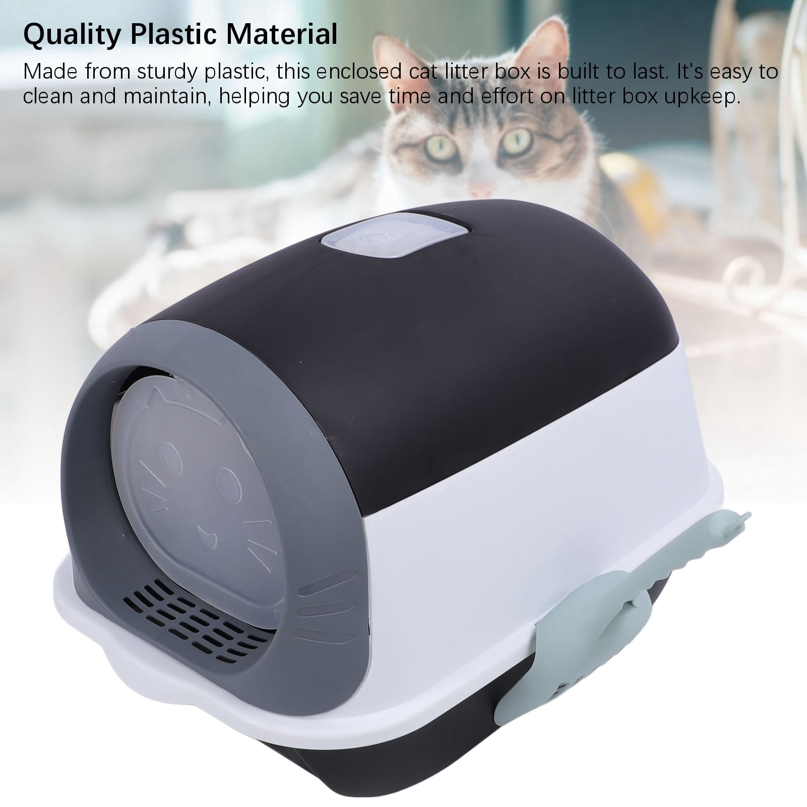 LAZIOEGR Enclosed Plastic Litter Box Extra Large Odor Resistant Easy Cleaning Covered Kitty Litter Box with Scoop for Indoor Cats, Black (20.87 inches / 53 cm)