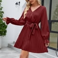 thumbnail image 5 of VSSSJ Women Spring Summer Long Sleeve Solid Color V-Neck Pleated Short Dresses Tie Waist Casual Cocktail Party Elegant Mini Dress, 5 of 6