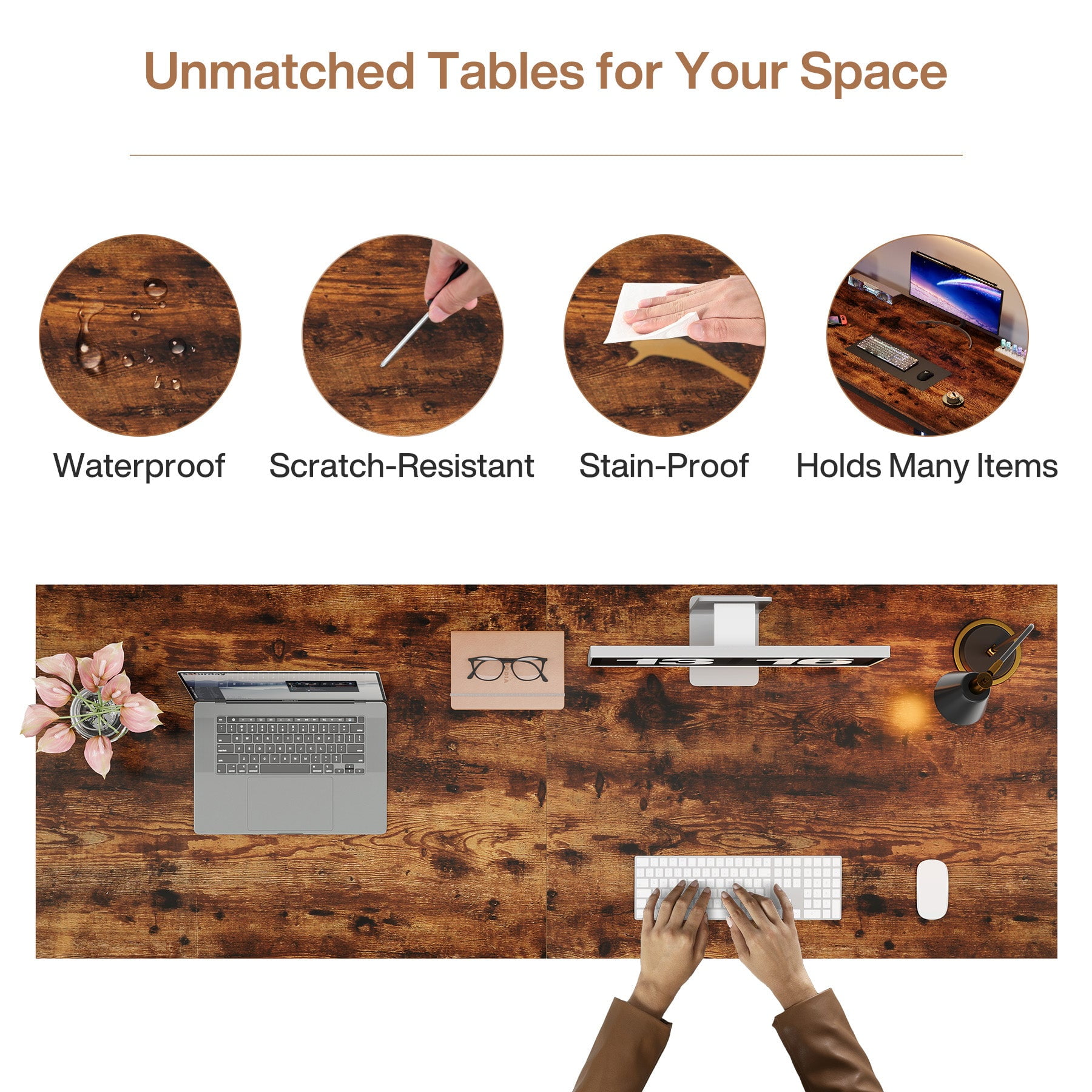 Fnova 78.7" Modern Computer Desk with Wood Desktop, Metal Frame Office Desk, Rustic Brown