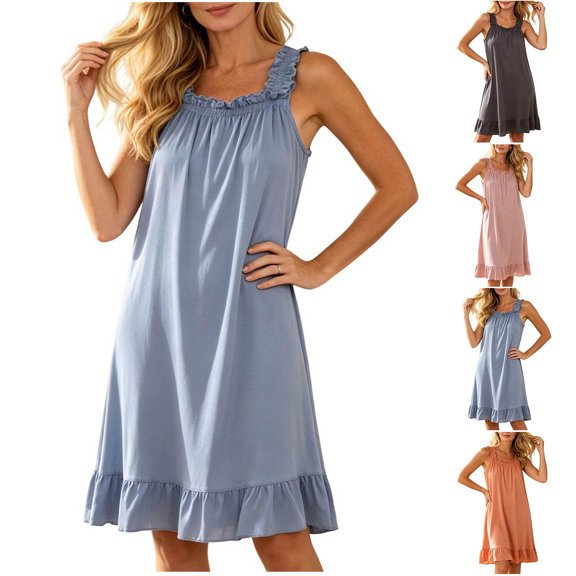 Asxite Womens Pajamas Solid Ruffle Sleeveless Loose Breathable Casual Loungewear Nightgown