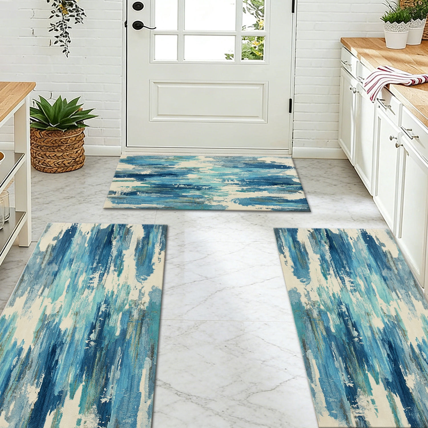 3-Piece Farmhouse Kitchen Rug Set, Washable Anti Slip Striped Floor Mats in 3 Sizes, Stain Resistant Decor Rugs for Kitchen Hallway Bathroom Home Christmas Decor