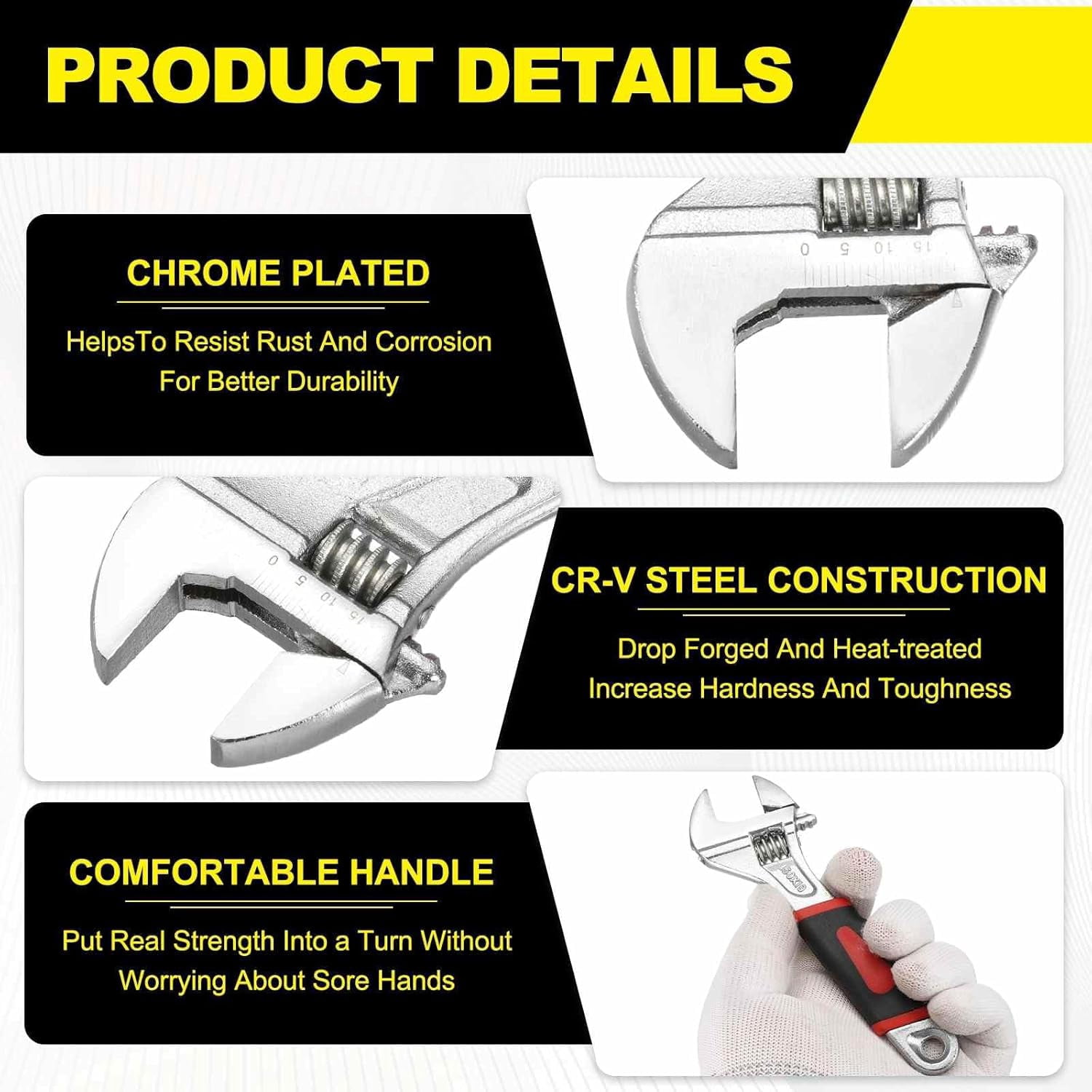 MKEUDQ-Adjustable Wrench 6" High Carbon Steel Industrial Wide Jaw Wrench Adjustable Repairs Spanner Tool with Graduated Scale for Home Garage Workshop Plumbing, Red-Black