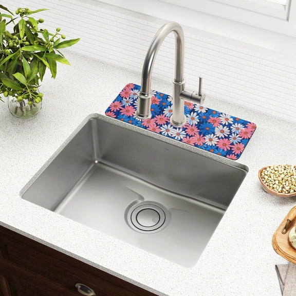 Yayeee Faucet Mat for Kitchen Sink 14.7" Diatomite Long Splash Guard Pad, Pink Flowers Pattern