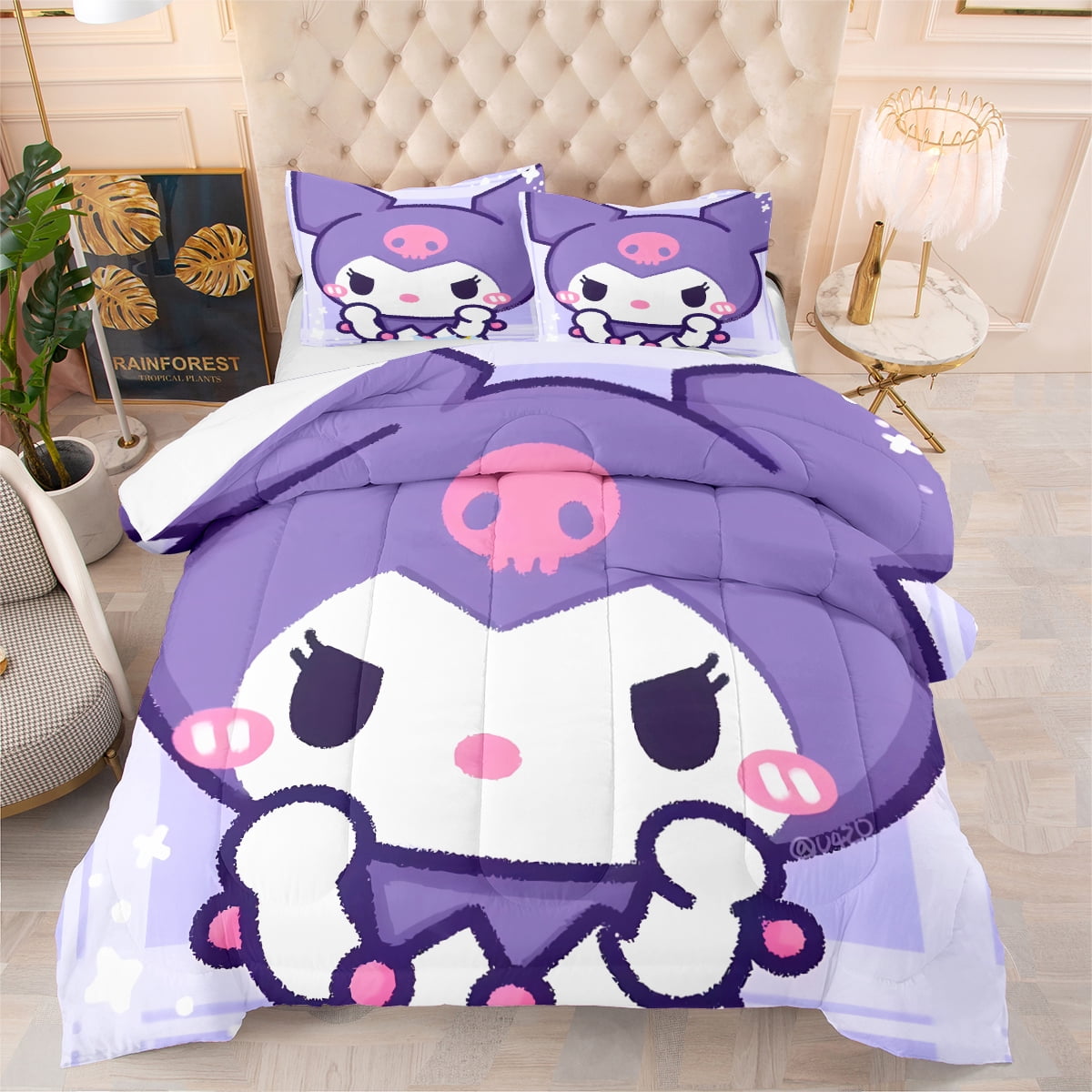 Kawaii 3-Pieces Purple Kuromi Comforter Bedding Sets, Full