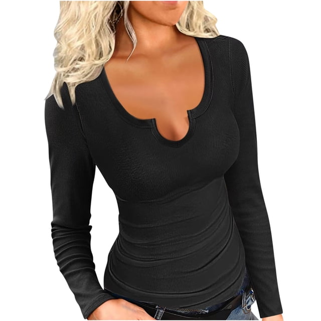 Yuyuzo Ribbed Knit Tops for Women Long Sleeve Slim Fitted Fall Casual Solid Color Going out Shirts