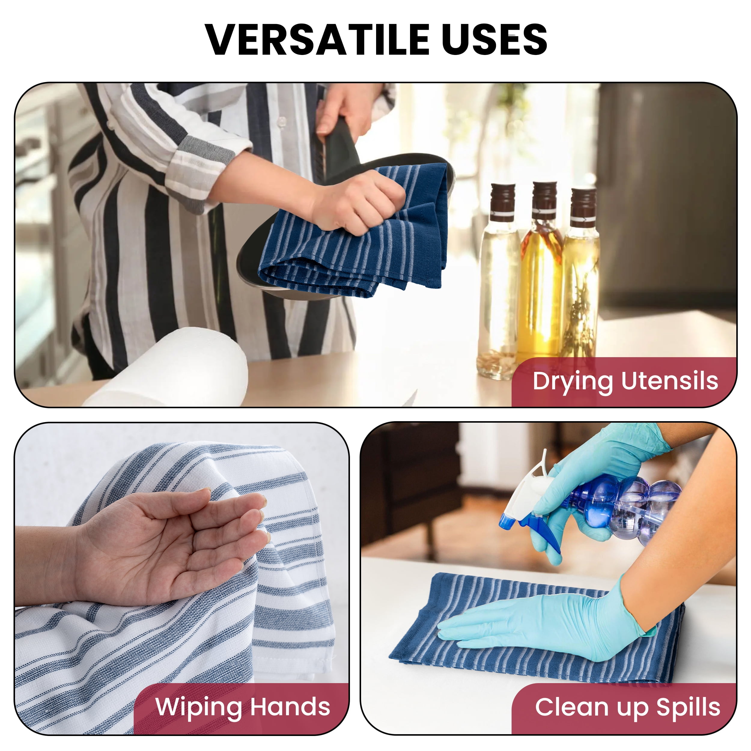 Lux Decor 6 Pack Kitchen Towels Set 16”x26” - 100% Cotton Highly Absorbent Dish Towels for Kitchen - Soft & Scratch-Free Navy Blue Hand Towels for Cleaning & Drying
