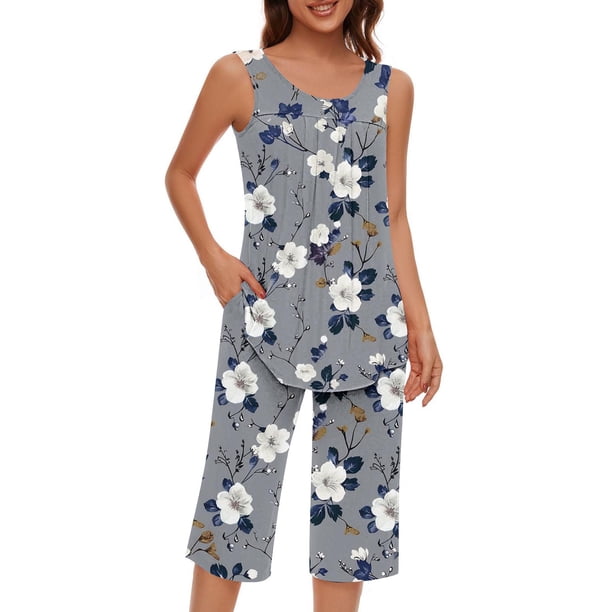 Conjunto de Ropa de Estar de Mujer Cuello Redondo Impresión Blusa sin Mangas Pantalones Cortos, Pantalones de Cintura Elástica para las Mujeres