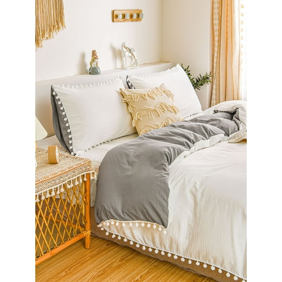 Move Over White Grey Bedding Sets King Reversible Pom Poms Duvet Cover Set Ball Fringe Pattern 100% Washed Microfiber No Filling