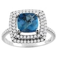 thumbnail image 1 of 14K White Gold Natural London Blue Topaz Ring Cushion Cut 7x7 mm Double Halo Diamond Accents, size 6.5, 1 of 3