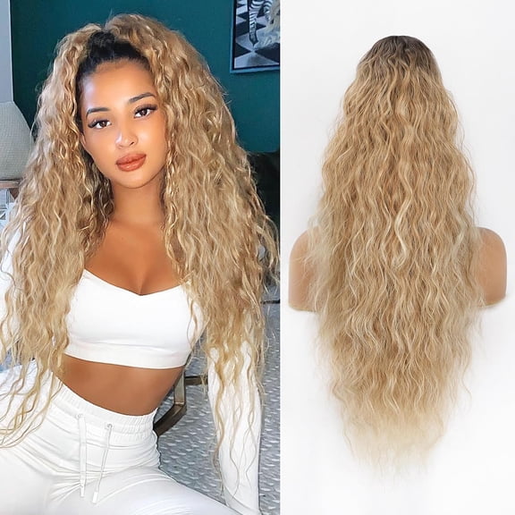 JOFMWIX Ponytail Extension, 26" Claw Clip in Ponytail Extensions for Women Long Wavy Pony Tails Hair Extensions Natural Looking Synthetic Clip in Ponytail for Daily Use(Ombre Light Brown Mix Blonde)