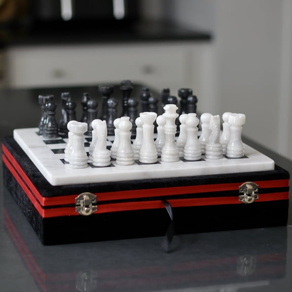 Marble Chess Set with Storage Case - White and Black