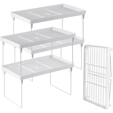 NiHome 4Pack Stackable Plastic Kitchen Storage Shelf Foldable Rack, White Kitchen Cabinet Organizer and Storage Shelves Stackable Expandable Storage Racks for Counter Cabinet Pantry