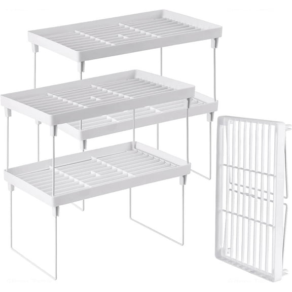 NiHome 4Pack Stackable Plastic Kitchen Storage Shelf Foldable Rack, White Kitchen Cabinet Organizer and Storage Shelves Stackable Expandable Storage Racks for Counter Cabinet Pantry