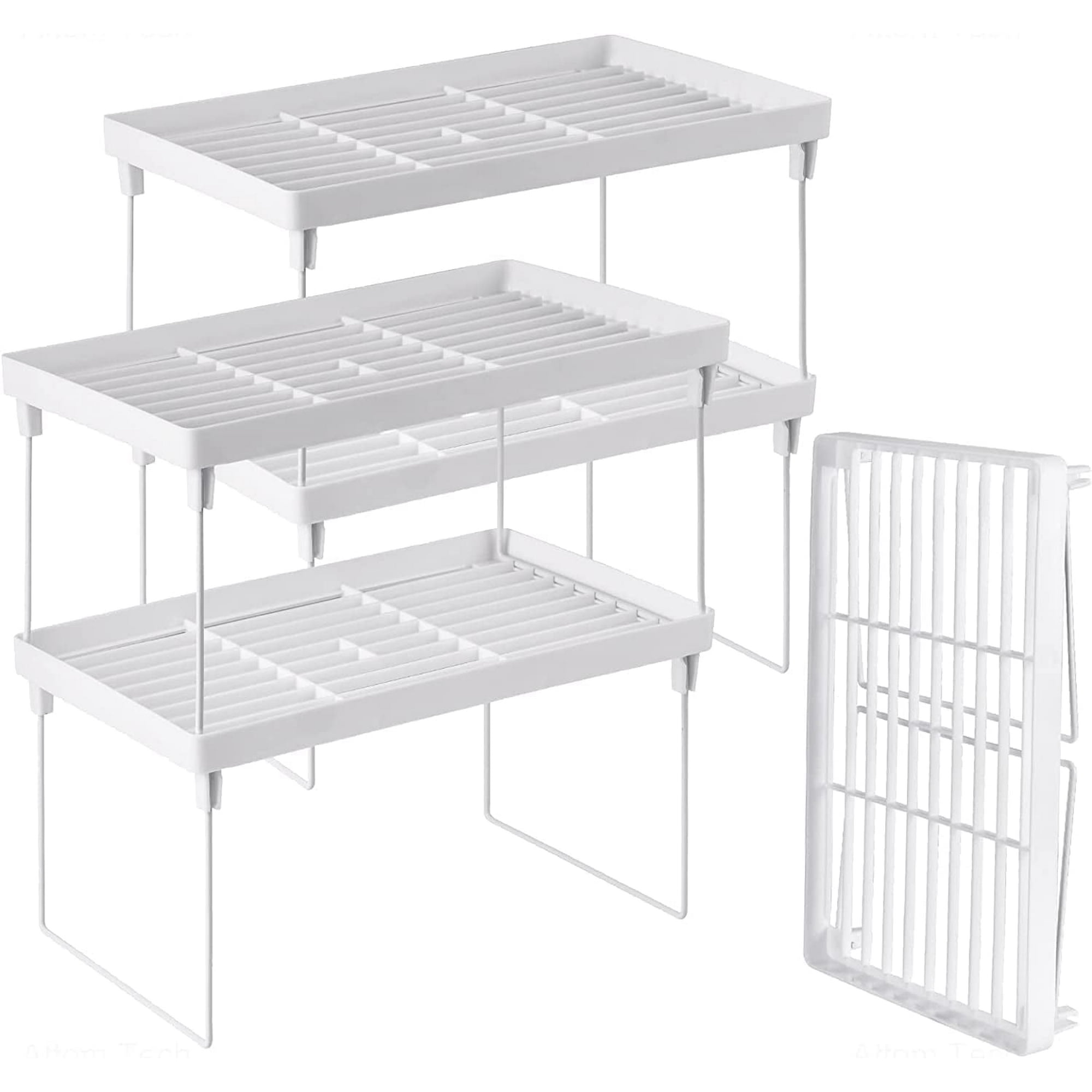 NiHome 4Pack Stackable Plastic Kitchen Storage Shelf Foldable Rack, White Kitchen Cabinet Organizer and Storage Shelves Stackable Expandable Storage Racks for Counter Cabinet Pantry