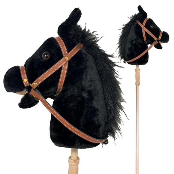 Cheval en Bâton / Cheval de Loisir en Peluche Fait Main Poney Offre du Jeu Amusant pour Tout-Petits & Préscolaires / Fait Main, Bois Robuste, et Effets Sonores (Noir)