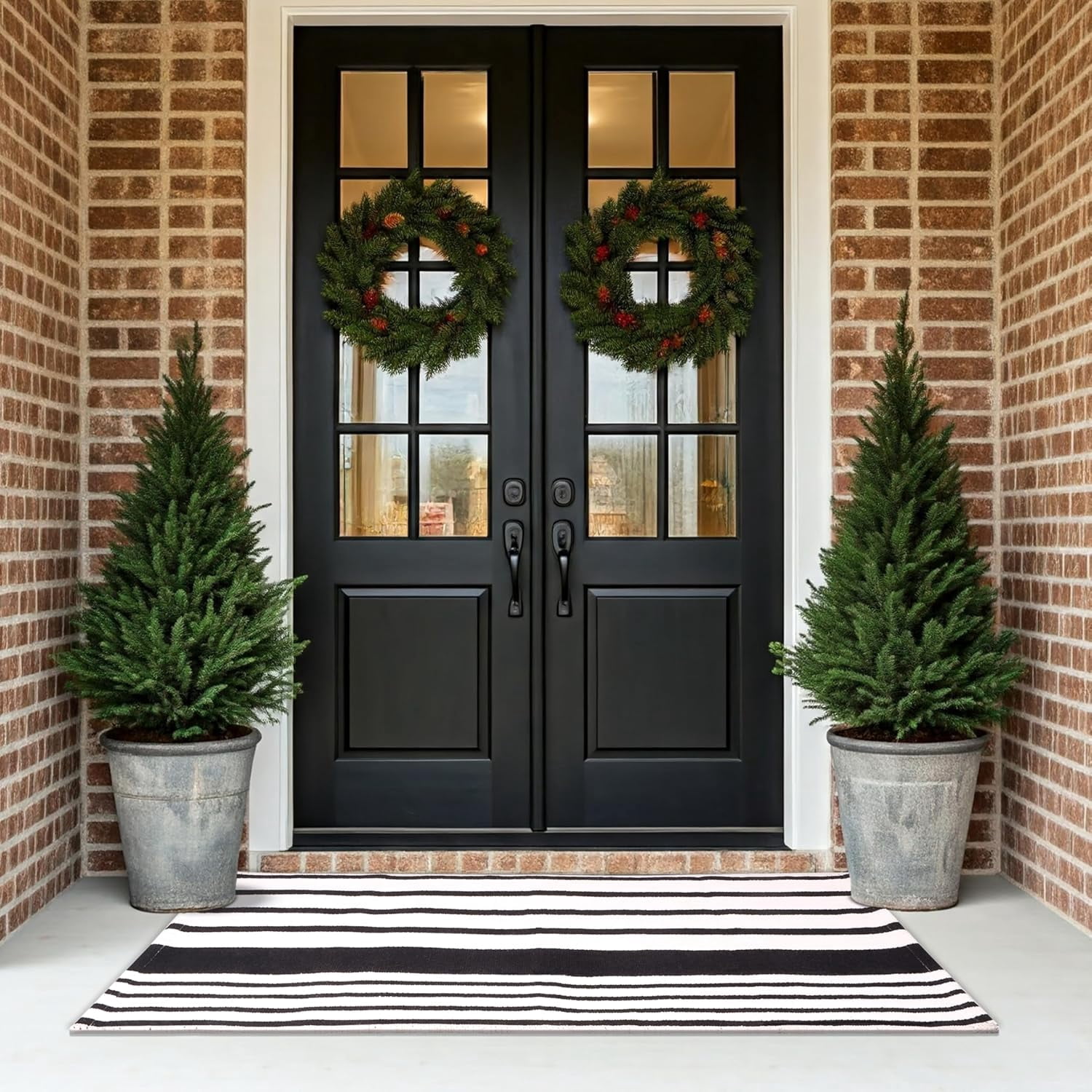 A1HC Black & White Striped Front Door Rug, 24x51 in, Hand-Woven Cotton, Washable, Fade-Resistant Layered Rug for Porch & Entryway