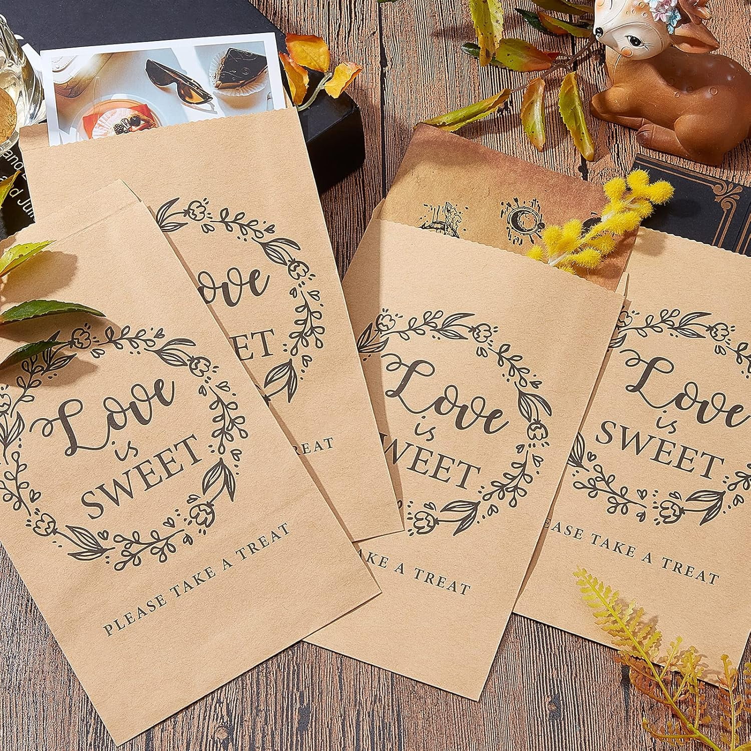 PH PandaHall 100pcs Paper Bags 4.5x7.5 Kraft Paper Treat Bags Small Flat Paper Favor Bag For Valentine Wedding Party Gift Candy Bar Baptism Card Small Business, Brown, Love Is Sweet