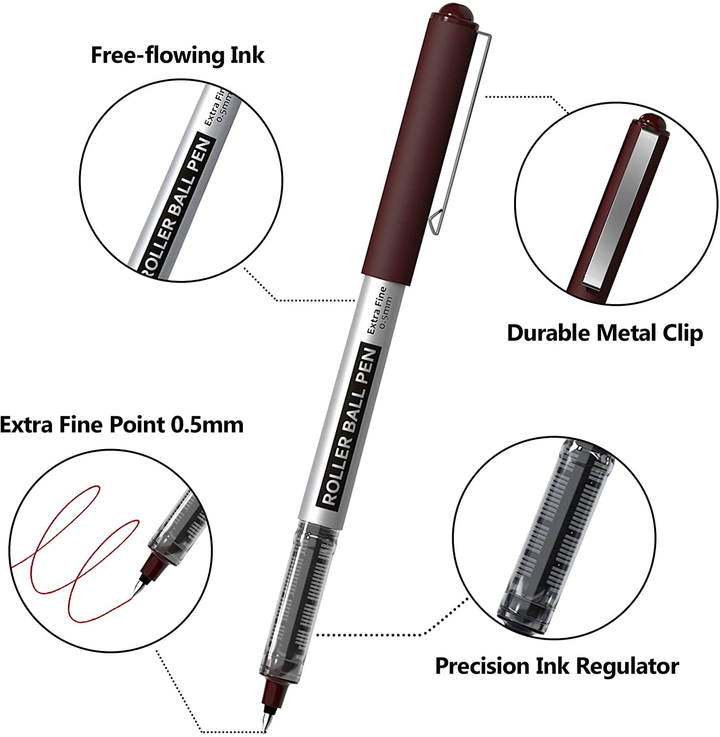 RollerBall Pens, Shuttle Art 25 Pack Red Fine Point Roller Ball Pens, 0.5mm Liquid Ink Pens for Writing Journaling Taking Notes Office