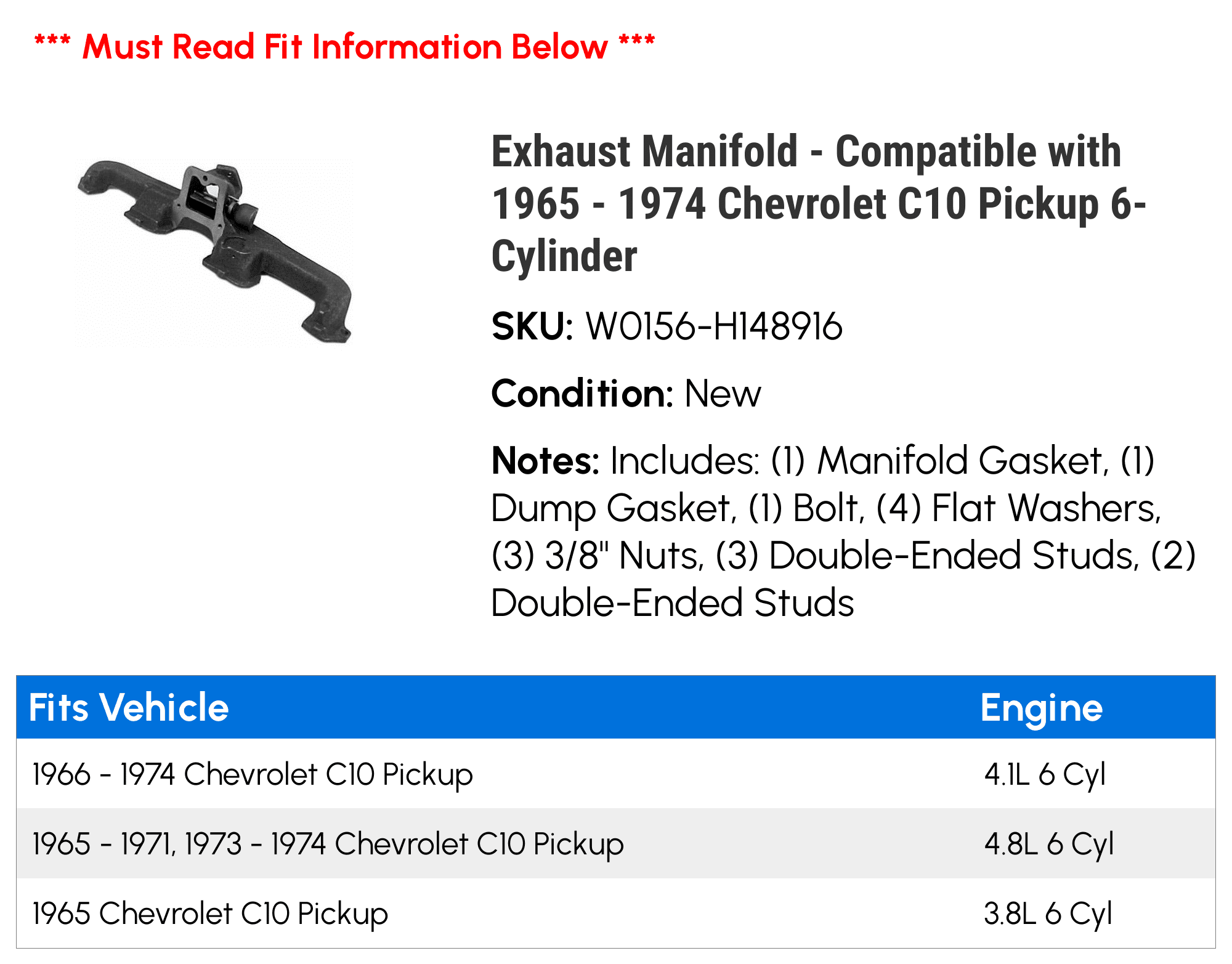 Exhaust Manifold - Compatible with 1965 - 1974 Chevy C10 Pickup 6-Cylinder 1966 1967 1968 1969 1970 1971 1972 1973