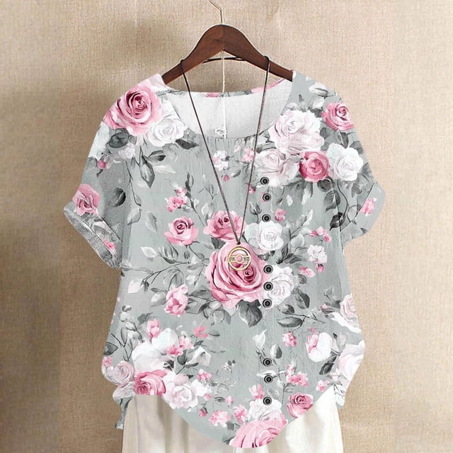 TaTaai Printed Short Sleeve Top for Women Round Neck Button Detail Casual Blouse Non Positioning Print Linen Feel Soft Stretchy Fashion T Shirt Summer Gift