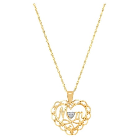 Brilliance Fine Jewelry 10k Yellow Gold Mom Heart Pendant with Rhodium Filigree on 18" Gold Filled Chain