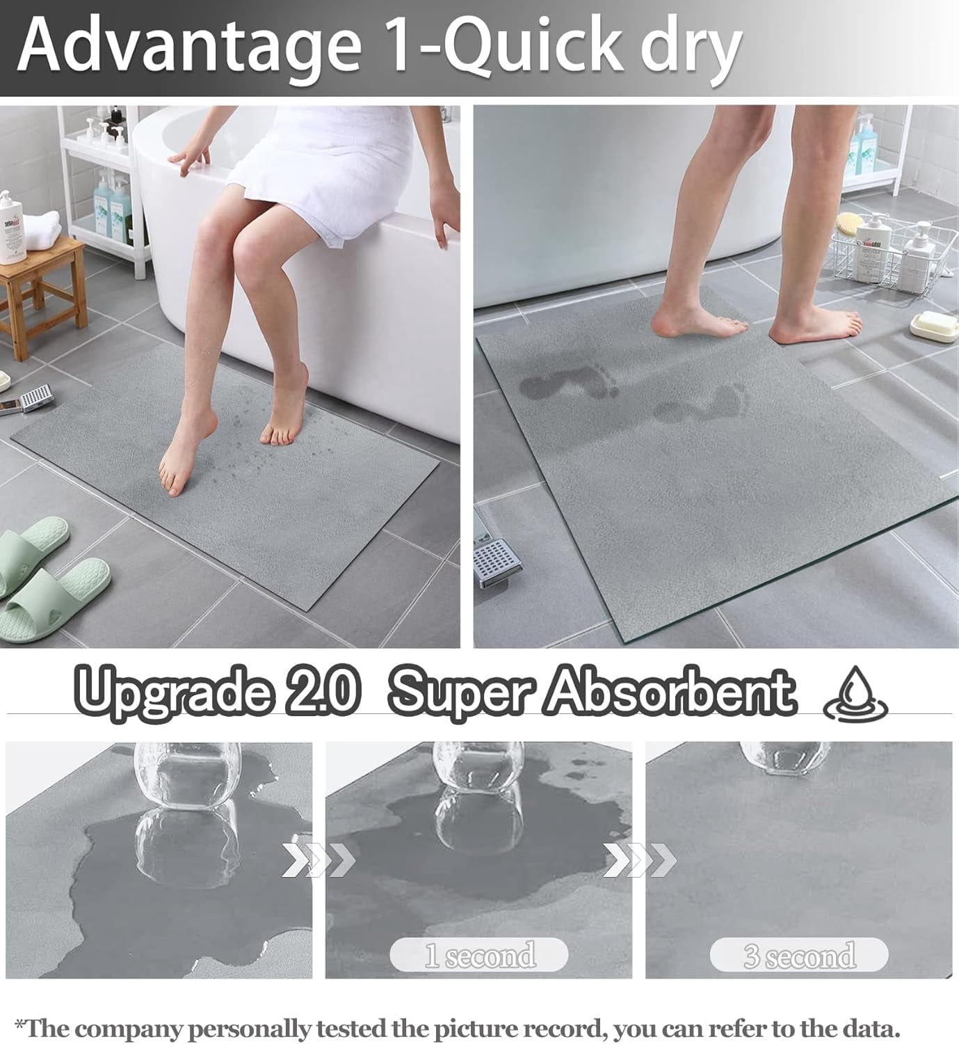 Thin Diatomaceous Earth Bath Mat,Non Slip Quick Dry Mats for Bathroom,Super Absorbency Bathtub Mats-Washable Shower Mat Bathroom Floor Mat(Grey,16"x24")