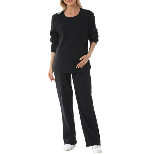 FOCUSNORM Women Cotton Maternity Sweatshirt Loose Solid Color Crew Neck Long Sleeve Side Zipper Pullover Tops for Fall Winter