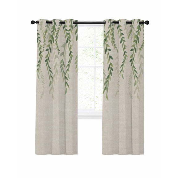 Green Eucalyptus Leaves Blackout Curtains 90 Inches Long for Bedroom, Rustic Weep Botanical Leaf Beige Thermal Insulated Room Darkening Black Out Window Curtain Panels Grommet Drapes for Living Room