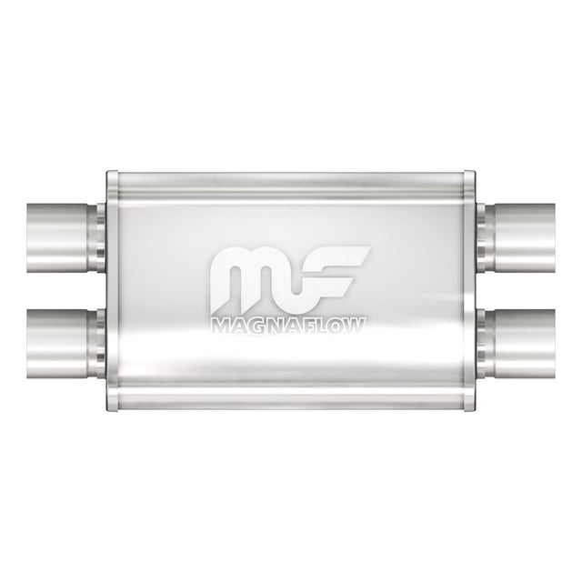 Magnaflow Performance Exhaust Muffler 11385 4 Inch x 9 Inch Satin Stainless Steel Case; Dual 2-1/4 Inch Inlet; Dual 2-1/4 Inch Outlet; 14 Inch Body/20 Inch Overall Length