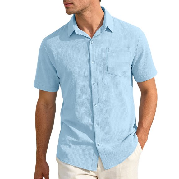 Yuhangmm Mens Summer Shirts Classic Solid Short Sleeve Shirt For Casual Business Turn Down Collar Comfortable Summer Men Blue S